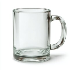 Transparent glass mug cylindrical shape isolated on white, no shadow, clear handle visible