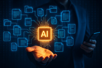 Business intelligence artificial intelligence chip floating above hand with document icons symbolizing digital ai machine learning cloud data and virtual automation system