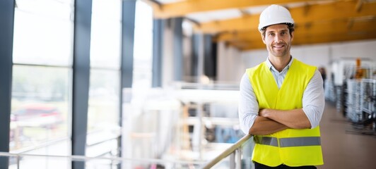 The confident construction worker showcasing professionalism in a modern industrial setting.