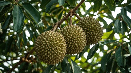 Durian fruit developing on tree limbs