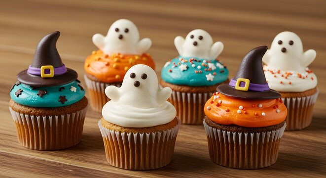 Halloween Cupcakes with Ghost and Witch Toppings - Powered by Adobe