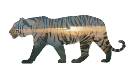Artistic composition of tiger silhouette with detailed stripes isolated on a Transparent background, PNG file.