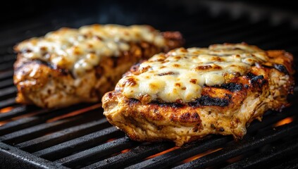 Grilled meat topped with melted cheese on a barbecue, ready to serve