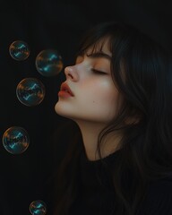 Woman with dreamy expression, surrounded by bubbles