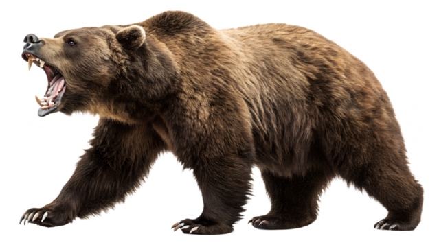  Majestic grizzly bear, showcasing powerful presence, roars fiercely with mouth open in the wild on transparent background