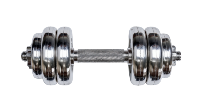 Artistic top-down view of dumbbell shot with clean isolated on a Transparent background, PNG file.