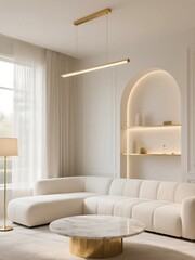 Modern Luxury Living Room with White Sectional Sofa, Marble Round Table, and Gold Accents