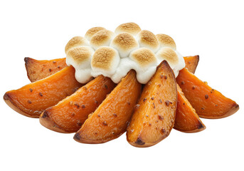 Sweet potato wedges topped with toasted marshmallows isolated on transparent background