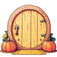 Round wooden door with pumpkins and flowers on a mat  