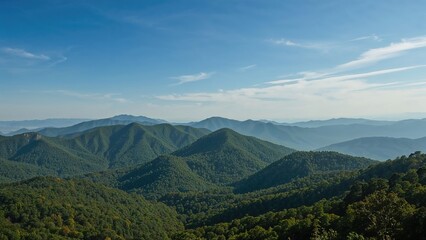 Fototapeta premium Panoramic view of Blue Ridge Mountains with rolling green hills under a clear blue sky and distant mountain ranges on the horizon