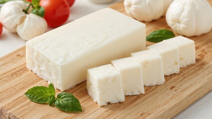 Mozzarella cheese block with slices on a wooden board