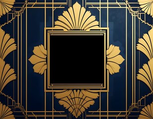 Centered art deco square frame with golden fan floral motifs on dark background for vintage branding and events
