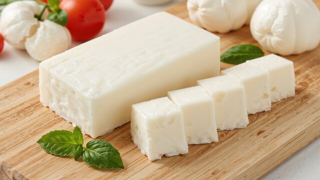 Mozzarella cheese block with slices on a wooden board
