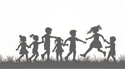 Children Walking and Playing Silhouette Against White Background