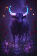 Naklejka premium Majestic purple ox with glowing horns and crystals in enchanted lantern forest for Chinese New Year theme