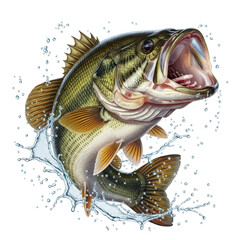 Photo of a largemouth bass fish leaping out of the water with a splash, captured midair against a transparent background © NAZRUL GFX