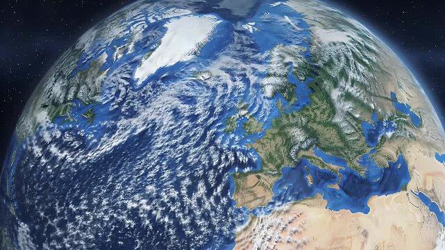 Breathtaking Looping View of Planet Earth with Blue Oceans Swirling Clouds and Green Continents with Snow and Ice Cover on the Poles