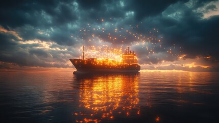 Fototapeta premium Cargo Vessel Sunset with Glowing Orbs