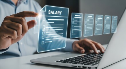 Person interacting with a digital salary checklist on a futuristic interface