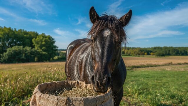 Dark horse consuming hay from a bag