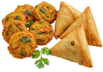A delicious plate of indian samosas and pakoras isolated on transparent background