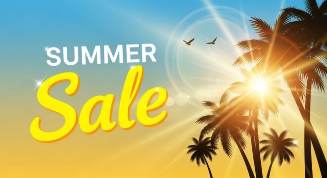 Bright summer sale announcement with palm trees and sunshine