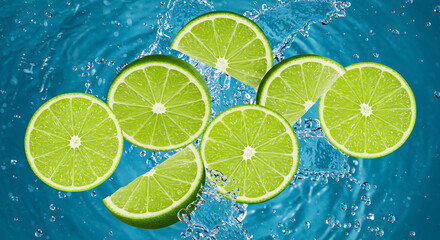 Sliced green limes arranged against a backdrop of splashing water, creating a refreshing and...