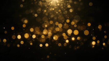 Black canvas adorned with shimmering golden lights. Landscape format with blurred bokeh visuals. Occasion theme providing space for text.
