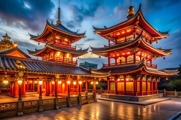 Naklejka premium Traditional chinese pagodas illuminated at dusk against a colorful sky