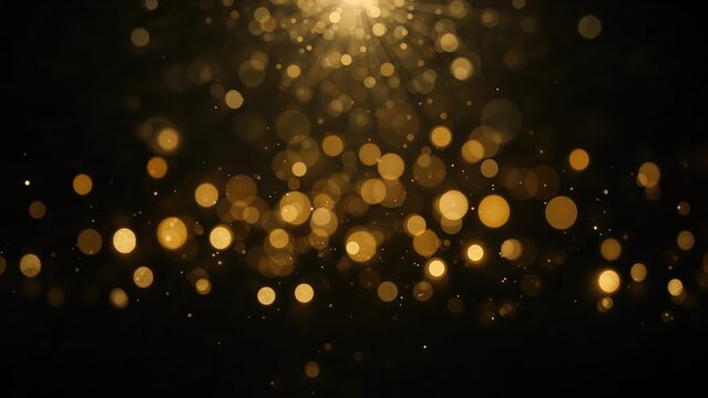 Fototapeta Black canvas adorned with shimmering golden lights. Landscape format with blurred bokeh visuals. Occasion theme providing space for text.