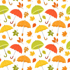 Seamless pattern with different colorful umbrellas and leaves. Open umbrellas, rainy seasons. Hand drawn vector autumn pattern.