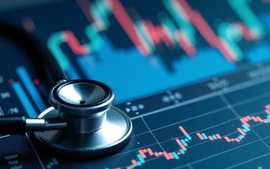 Stethoscope and digital health chart concept. Stethoscope resting on a digital financial chart, symbolizing healthcare and finance integration. High quality