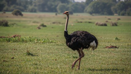 Naklejka premium Huge ostrich wandering through a green landscape