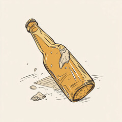 Broken beer bottle lying on the ground with shards of glass  