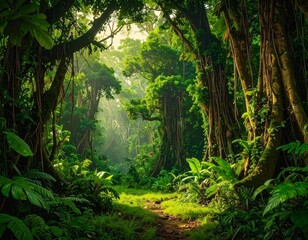 Obraz premium Lush green tropical jungle in Southeast Asia during August, filled with dense vegetation, misty atmosphere, and rich biodiversity — ideal for travel, nature, or environmental themes