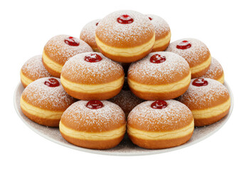 A stack of jelly doughnuts with powdered sugar isolated on transparent background