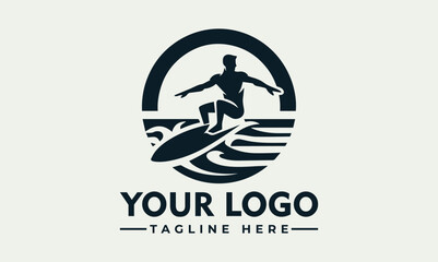 Silhouette of a surfer riding a wave inside a circular frame.