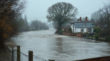 Fototapeta premium Flooded river overflows banks near cottage on overcast day