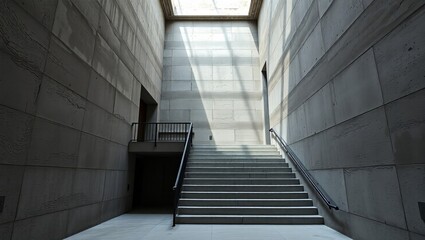 A stark monolithic brutalist stairwell, natural lighting