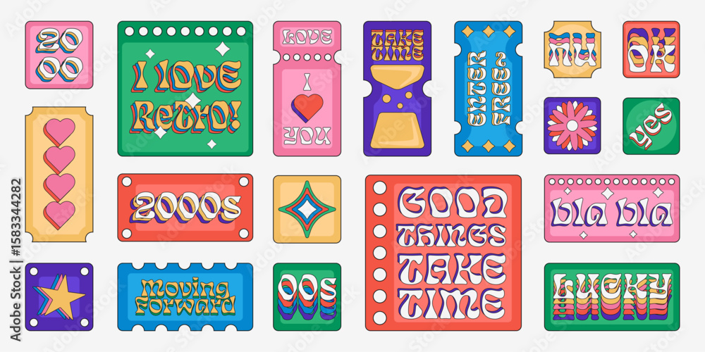 Poster y2k retro sticker set with different tickets and labels shapes with short phrases and simple illustr