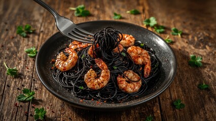 Squid ink spaghetti served with shrimp and sausage