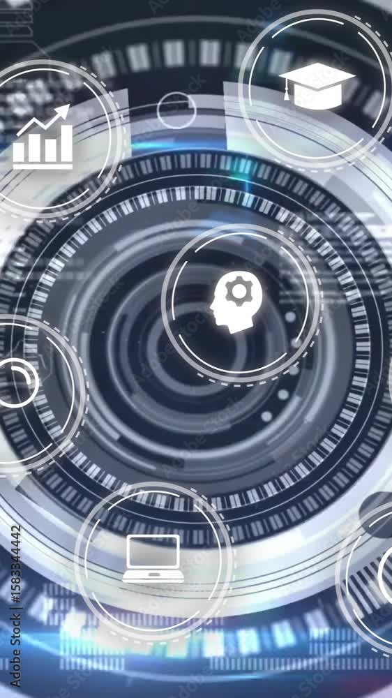 Poster futuristic data processing animation with various icons over digital interface