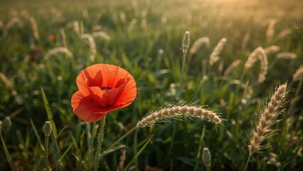 Naklejka premium Vibrant scarlet poppy flourishing in a sunlit field at dawn