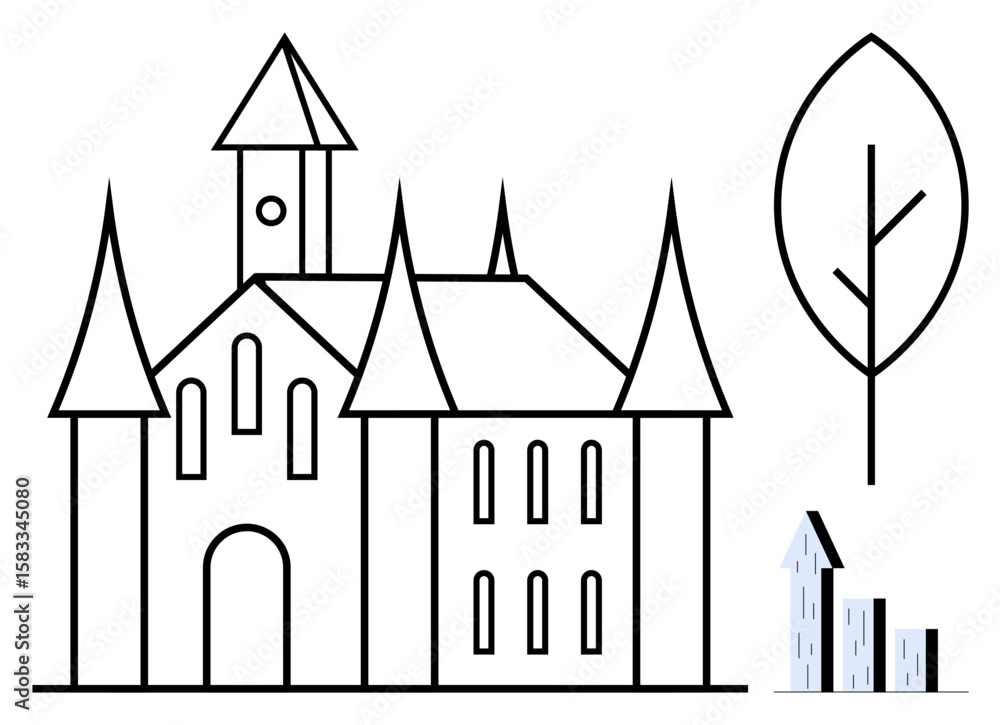 Aufkleber castle with tall spires and multiple windows, minimalist tree with linear design, small modern build