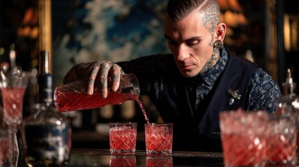 Stylish bartender with tattoos pouring drink gracefully at elegant counter