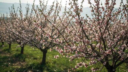 Flowering almond trees spread across the orchard