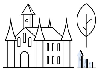 Castle with tall spires and multiple windows, minimalist tree with linear design, small modern buildings nearby. Ideal for architecture, heritage, elegance, history, minimalism, fantasy simple