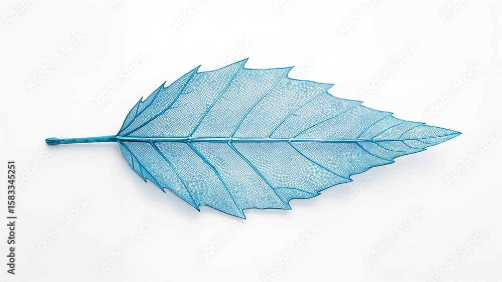 Poster flat lay image showing a blue skeleton of an artificial autumn leaf against a white backdrop.