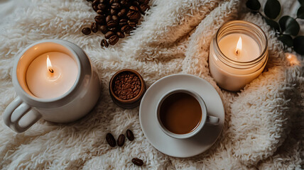 Flatlay of cozy night self-care essentials on a fluffy white blanket: ceramic coffee mug, face mask jar, glowing candles, and a journal. Warm lighting and soft textures. Perfect for relaxation themes,
