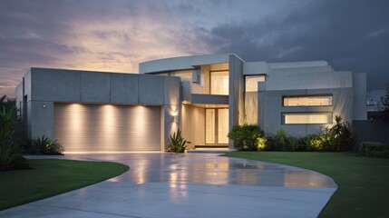The modern house with elegant design and beautiful landscaping at twilight.